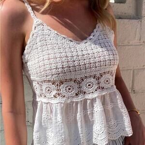 Black Crochet Lace Peplum Camisole Boho Romantic Top Large